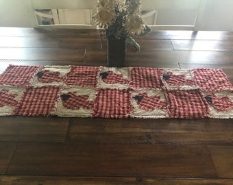 Plaid Homespun PriMiTivE Rag Quilt Table Runner Red Tan Cardinal Winter Christmas Farmhouse Bird Handmade Country Rustic decor table