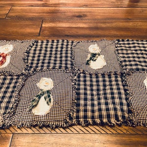 Plaid Homespun PriMiTivE Rag Quilt Table Runner Farmhouse Christmas Black tan Holiday Snowman Red Green Country Rustic Rag Quilt Scarves