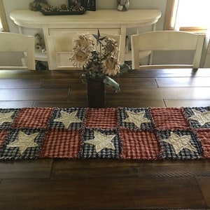 NEW Plaid PriMiTivE Rag Quilt Table Runner Red Blue Tan 4th of July Americana Flag White Tan Rustic Farmhouse Country Centerpiece Stars
