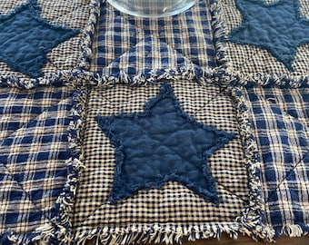 NEW Plaid Homespun PriMiTivE Rag Quilt Table Runner Blue Tan Stars Country Handmade Rustic