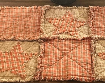 Plaid Homespun PriMiTivE Rag Quilt Table Runner Mat Orange Brown Stars Tan Farmhouse Country Handmade Harvest Fall Thanksgiving Halloween