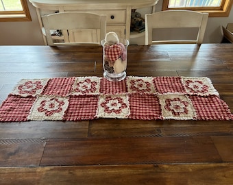 NEW Plaid PriMiTivE Rag Quilt Table Country Runner Red Tan Flowers Homespun Handmade Farmhouse Rustic  Country Spring