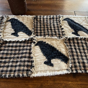 Plaid Homespun PriMiTivE Rag Quilt Table Runner Black Tan Farmhouse Crows Rustic Country Handmade Handmade Birds