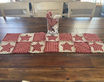 NEW Plaid Homespun PriMiTivE Rag Quilt Table Runner Mat Red tan Stars Tan Country Handmade Rustic Centerpiece Farmhouse