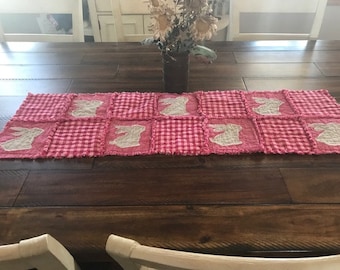 Plaid PriMiTivE Rag Quilt Table Runner Pink Plaid Rabbit Easter Spring Bunny Handmade Farmhouse Homespun Country