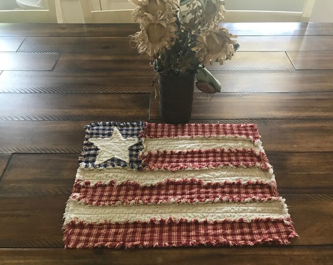 New Primitive Rag Quilt Blue Red Plaid 4th of July Americana Placemat
