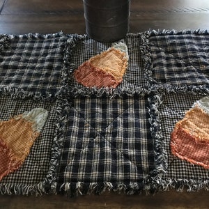 Plaid PriMiTivE Rag Quilt Table Runner Orange Black Candy Corn Farmhouse Rustic Country Handmade Harvest Fall Thanksgiving Halloween