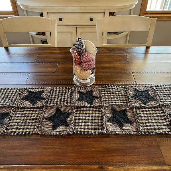 NEW Plaid Homespun PriMiTivE Rag Quilt Table Runner Black Tan Stars Country Handmade Rustic Farmouse Centerpiece Country Mat