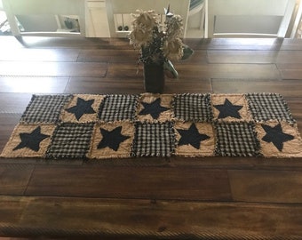 Plaid Homespun PriMiTivE Rag Quilt Table Runner Black Brown Tan Mustard Farmhouse Stars Handmade Country Rustic decor table