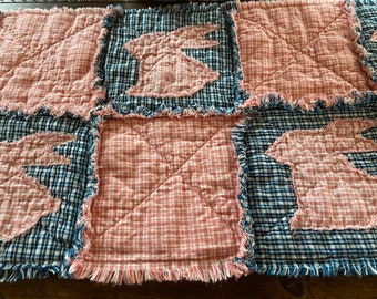 New Plaid PriMiTivE Rag Quilt Table Runner Blue Pink Rabbit Easter Spring Bunny Country HOmespun