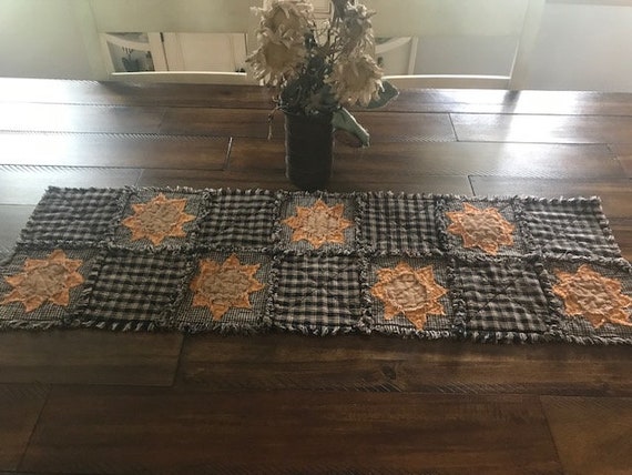 Farmhouse Homespun Rag Quilt Table Runner 12 x 28 Beige Tan Blue Gold Brown