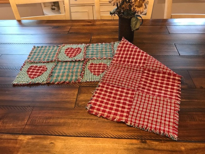 NEW Plaid Homespun PriMiTivE Rag Quilt Table Runner Blue Red Hearts Valentine/'s Day Turquoise Farmhouse Dusty Country
