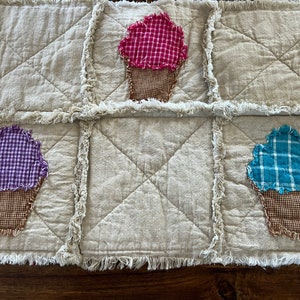 Plaid PriMiTivE Rag Quilt Table Runner Cupcakes Birthday Celebration Pink Purple Turquoise Sprinkles centerpiece farmhouse party ice cream