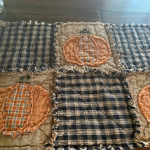 Plaid Homespun PriMiTivE Rag Quilt Table Runner Orange red Farmhouse Pumpkins Rustic Country Handmade Harvest Fall Thanksgiving Halloween