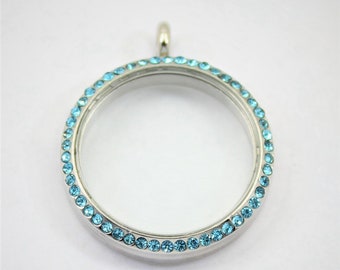30mm Floating Locket / Living Locket Pendant Stainless Steel with Aqua Crystals