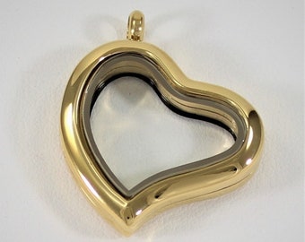Floating Locket / Glass Locket / Memory Locket Crooked Heart Pendant Stainless Steel Gold