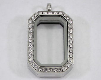 Floating Locket / Glass Locket / Memory Locket Pendant Stainless Steel With Crystals