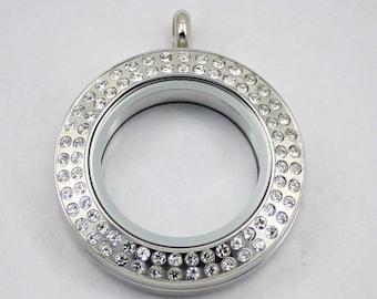 28mm Floating Locket / Glass Locket / Memory Locket Pendant Stainless Steel with Crystals
