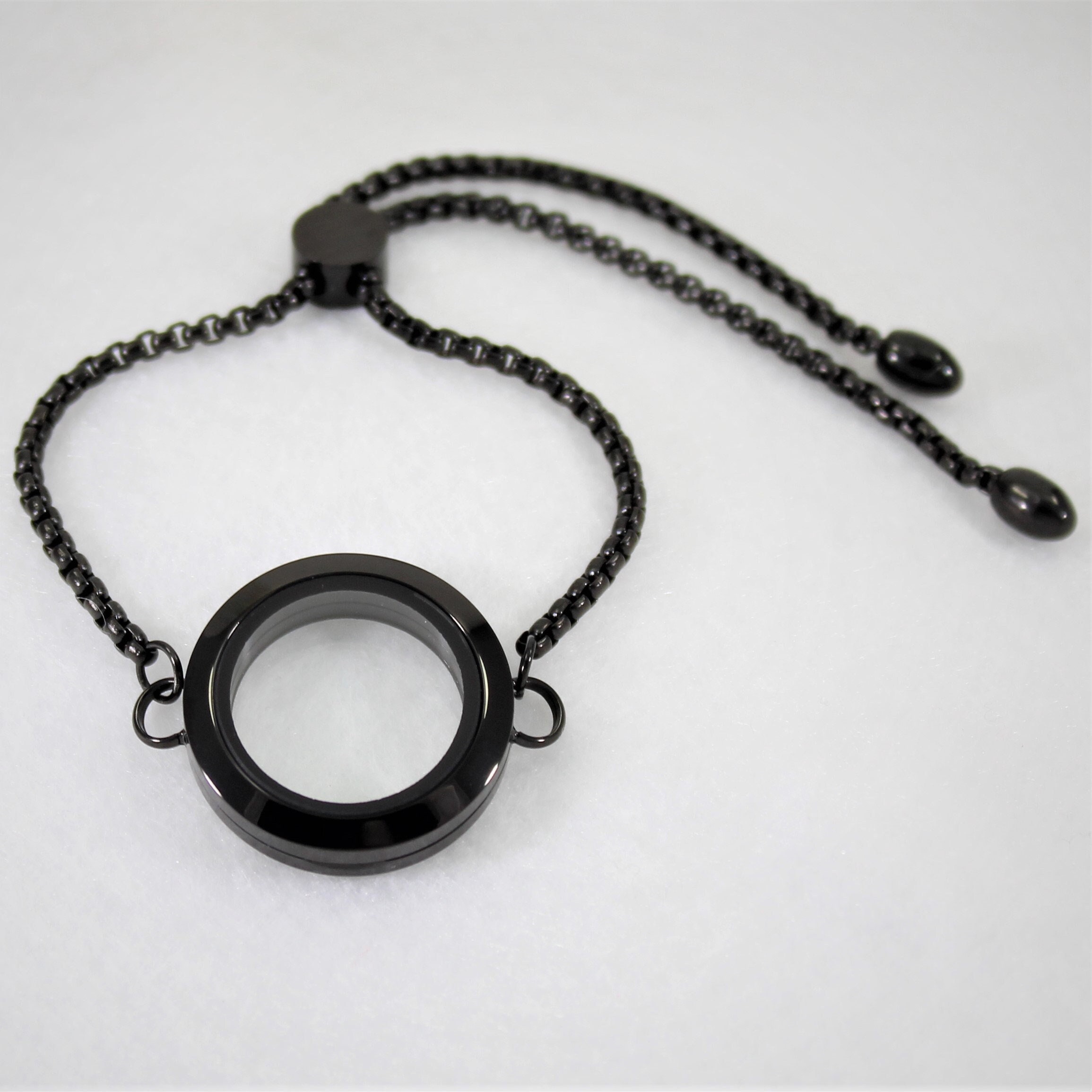 25mm Adjustable Floating Locket Bracelet / Glass Locket / Memory Locket Stainless Steel Black