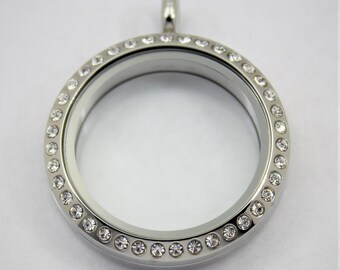30mm Floating Locket / Glass Locket / Memory Locket Pendant Stainless Steel With Crystals