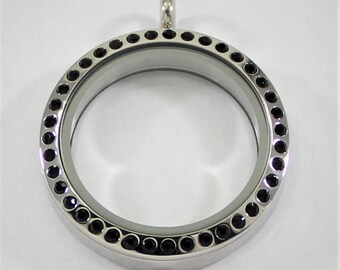 30mm Floating Locket / Glass Locket / Memory Locket Pendant Stainless Steel With Black Crystals