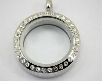 25mm Floating Locket / Glass Locket / Memory Locket Pendant Stainless Steel With Crystals