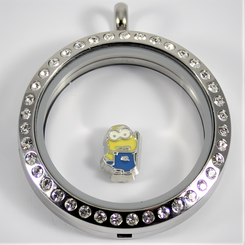 May include: A silver locket with a clear glass insert and a silver chain. The locket is decorated with a row of clear rhinestones around the edge. The locket contains a small yellow and blue cartoon character charm.