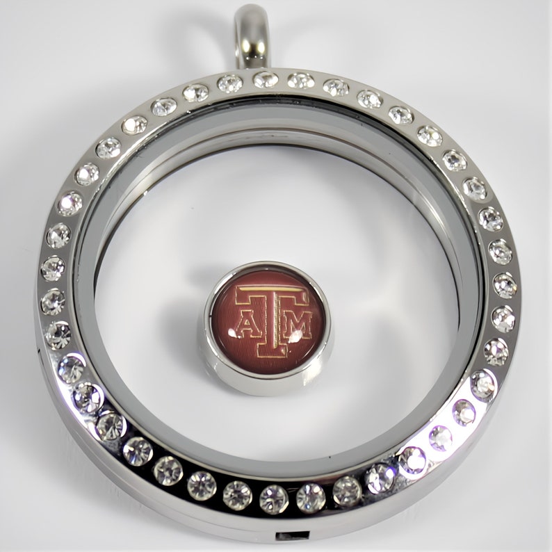 May include: Silver locket necklace with a clear glass insert and a red and gold charm with the letters "TAM" inside. The locket is surrounded by a row of clear crystals.