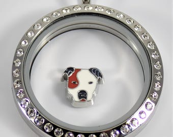 May include: Silver locket with a clear glass insert and a white, red, and black enamel dog charm. The locket is surrounded by a circle of clear rhinestones.