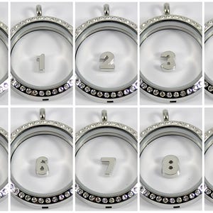 May include: Ten silver locket pendants with clear crystal accents. Each locket features a different number from 0 to 9.