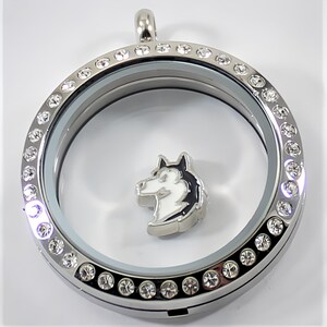 May include: A silver locket with a clear glass insert and a crystal-encrusted border. Inside the locket is a small charm of a black and white husky dog.