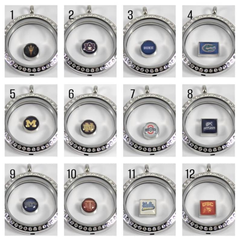 May include: Twelve silver locket pendants with clear glass inserts and a variety of college logos inside. The logos include: ASU, Auburn, Duke, Florida, Michigan, Notre Dame, Ohio State, Penn State, Pitt, Tennessee, UCLA, and USC.