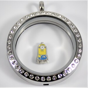 May include: A silver locket with a clear glass insert and a silver chain. The locket is decorated with clear rhinestones around the edge. Inside the locket is a small yellow and blue cartoon character.
