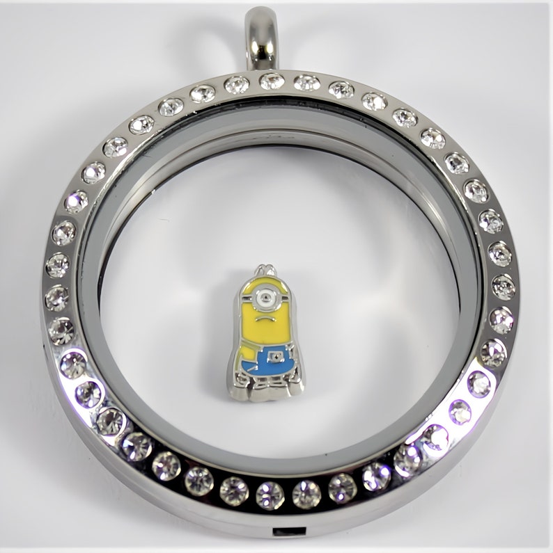 May include: A silver locket with a clear glass insert and a silver chain. The locket is decorated with clear rhinestones around the edge. Inside the locket is a small yellow and blue cartoon character.