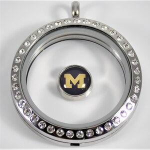 May include: Silver locket necklace with a clear glass insert and a crystal-encrusted border. The locket contains a small charm with a black background and a gold "M" in the center.