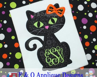 Halloween Black Cat Applique Monogram  Design - Halloween Machine Embroidery Design - Digital Design - Instant Download