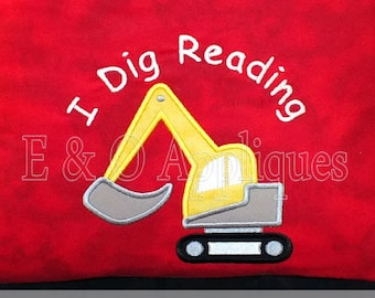 I Dig Reading Embroidery Design - Book Pillow Embroidery Design - Digger Applique Design - Reading Pillow Embroidery Design