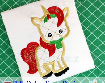May include: A digital design of a white unicorn with a red and green scarf, a red tail, and a holly sprig on its head. The unicorn is standing on a white background.