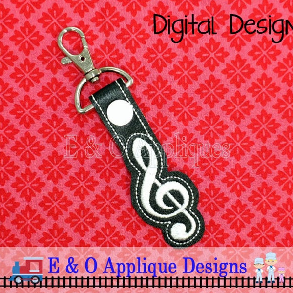 Treble Clef Snap Tab Embroidery Design, Music Snap Tab, Treble Clef Keychain, In The Hoop Embroidery, Snap Tab, Key Ring, Key Fob, Key Chain