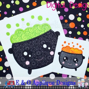 May include: Two Halloween cauldron embroidery designs. The larger cauldron is black with green bubbling liquid and a cute face. The smaller cauldron is black with orange bubbling liquid and a cute face. Both designs are on a white background.