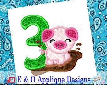 3. Geburtstag Schwein Digital Design - Maschine Stickerei Design - Applikation 4 Größen