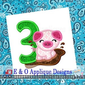 3rd Birthday Pig Digital Design - Machine Embroidery Design - Applique 4 sizes