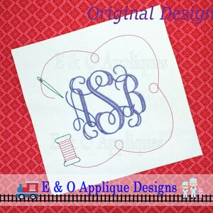 May include: A white background with a purple monogram of the letters "ISB" in a cursive font. The monogram is surrounded by a red thread design. The text "E & O Appliques" appears twice on the image. The text "Original Design" appears at the top of the image. A train, spool of thread, and needle are also included in the design.