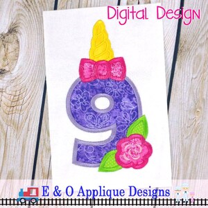 9 ユニコーン アップリケ - ユニコーン バースデー - 機械刺繍 - ユニコーン - バースデー アップリケ - 花 - 花柄 - ユニコーン 刺繍デザイン