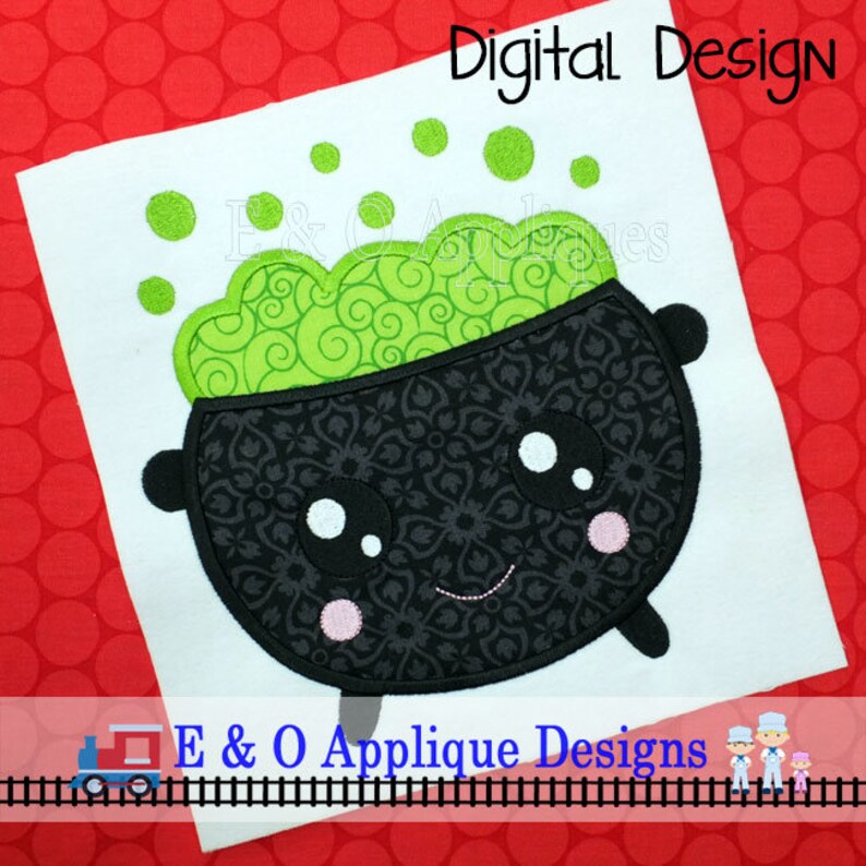 May include: A black cauldron with a green bubbling potion and a cute cartoon face. The cauldron has a white smile and two large eyes with pink cheeks. The text "Digital Design" is at the top of the image.
