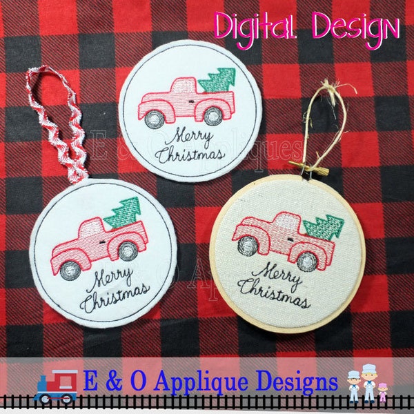 Vintage Truck with Tree ITH Coaster and Ornament Embroidery Design - Digital Download Christmas Truck Embroidery Design