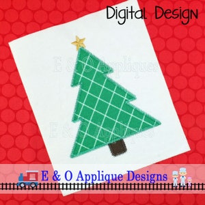 May include: A green and white checkered Christmas tree applique with a gold star on top. The tree is on a white background.  Digital Design E & O Applique Designs.