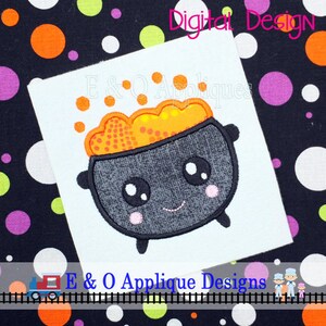 May include: A black cauldron with a smiling face and big eyes is filled with orange bubbling liquid. The cauldron is a digital design for embroidery.