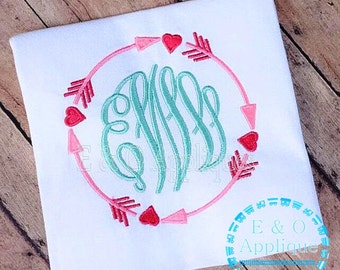 Pijl hart Monogram Frame borduurwerk Design - Valentine Monogram borduren ontwerp - pijl Monogram borduren Design - hart borduren