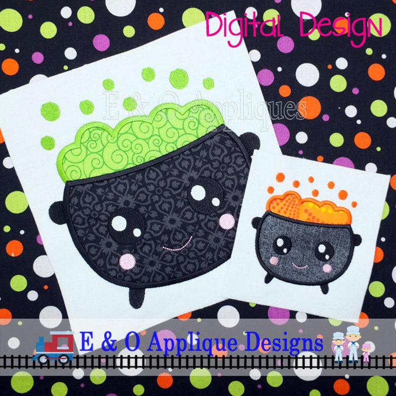 May include: Two Halloween cauldron embroidery designs. The larger cauldron is black with green bubbling liquid and a cute face. The smaller cauldron is black with orange bubbling liquid and a cute face. Both designs are on a white background.
